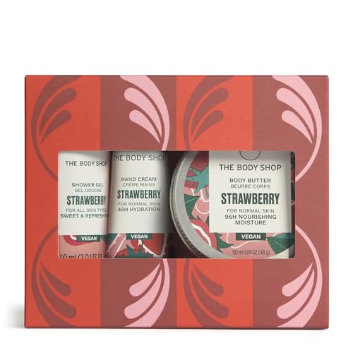 The Body Shop Strawberry Mini Gift Set Shower Gel 60ml Body Butter 50ml Hand Cream 30ml Fruity Body Care Trio Cleansing Softening 96hr Moisture Vegan Skincare Gift