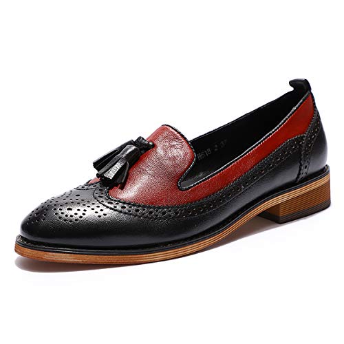 Image of Mona flying Women's Leather Tassel Loafers Slip on Brogue Flat Office Shoes