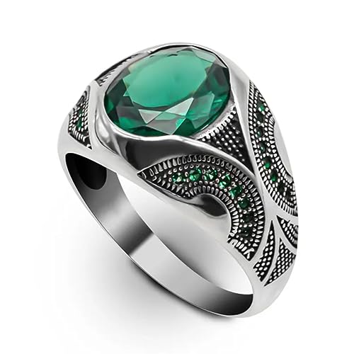 2CT Silver Emerald Ring for Men S925 Sterling Silver Oxidized Handmade Turkish Men's Ring Customized Name Green Gemstone Ring for Men Husband Engagement Wedding Size 4-16
