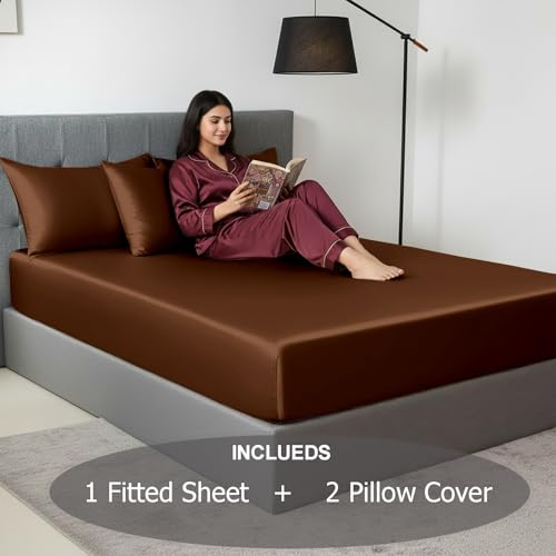 Image of Soft and Silk Satin Fitted Bedsheet for Single Size 36X75 +12 in - Elastic Fitted Sheet 400 TC Hotel Collection for Bedroom | Fitted Sheet with Pillow Cover - Brown, Single Bed
