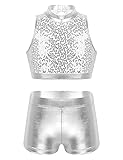 TiaoBug Girls Water Sports Two-Piece Swimsuits Bathing Suit Cutout Back Sequins Crop Top with Shorts Dance Outfits Silver 12-14 Years