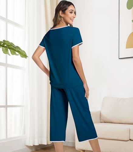 Image of NACHILA Women's Pajamas Set-Viscose Made from Bamboo,Short Sleeve Sleepwear Soft Pjs with Capri Pants Loose Loungewear