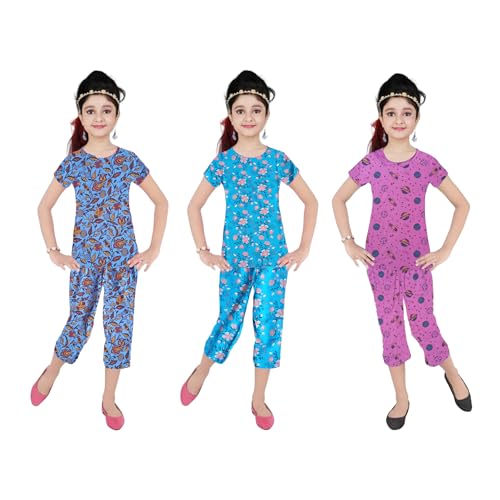 Image of Girls Pure Cotton Casual Round neck regular feet Multi Color Girls night dress Half Sleeve set of 3 pcs