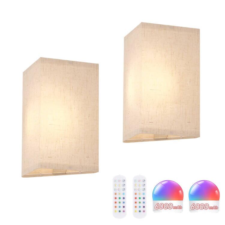 Shenmoyl Adhesive Battery Operated Wall Sconce Set of 2, 6000 mAh Battery Rechargeable Bulb with 12 RGB Colors, Stick on Wall Sconce No Drill Wall Lights, Linen