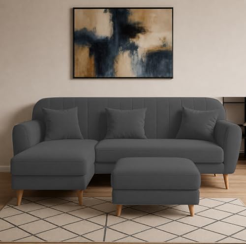 Image of Atticus LHS 4 Seater L Shape Sofa Set with Ottoman for Living Room (Black Fabric) Premium Fabric Sofa Set
