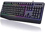 Gaming Keyboard, 7-Color Rainbow LED Backlit, 104 Keys Quiet Light Up with Wrist Rest, Multimedia Keys, Whisper Silent, 19 Anti-ghosting Keys, for PC Mac Xbox