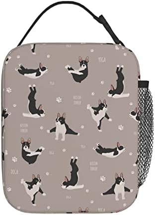 MIHAIN Yoga Dogs Boston Terrier Portable Lunch Bag For Boys And Girls,Lunch Box Tote Bag Soft Handbag,Thick Insulated Cooler Bag Lunchbag For Men Women Teens Work Outdoor Travel Picnic Camping