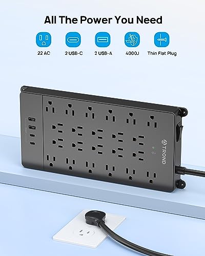 Image of TROND Surge Protector Power Strip 15ft, 4 USB Ports, 4000J, ETL Listed