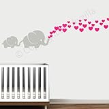 Cutie Grey Elephants with Colored Bubble Hearts Vinyl Wall Decal Sticker Baby, Nursery, Play Room (Hot Pink Hearts)