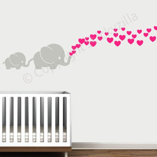 Cutie Grey Elephants with Colored Bubble Hearts Vinyl Wall Decal Sticker Baby, Nursery, Play Room (Hot Pink Hearts)