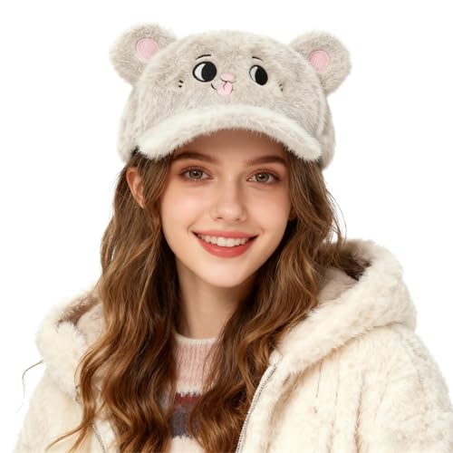 IPENNY Cute Plush Mouse Ear Baseball Cap for Women, Winter Warm Faux Fur Animal Hat, Cartoon Costume Accessory & Fashion Daily Headwear (Beige, One Size)