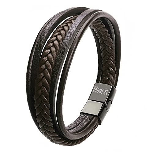 Maerzl Mens Bracelet Leather Stainless Steel Clasp Wrap Genuine Leather Braided Bracelet Wrist Cuff Bangle (Brown Leather 7.5") #TOP1