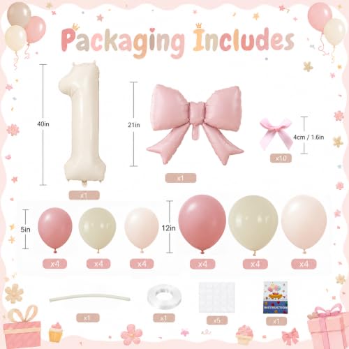 Image of 40 Inch Pink Beige Number 1 Balloon Tower with Bow 1st Birthday Decorations