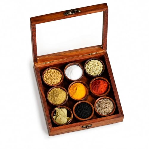 Image of Wooden Masala Box with Glass Lid|9 Compartments Spice Organizer for Kitchen|Handmade Sheesham Wood Spice Container|Traditional Masala Dabba for Herbs, Seasonings & Dry Fruits