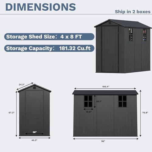 Image of Devoko 4x8 FT Resin Storage Shed with Floor, Garden Plastic Outdoor Shed with Window and Lockable Door, Waterproof Outside Tool shed for Backyard Patio, Dark Grey