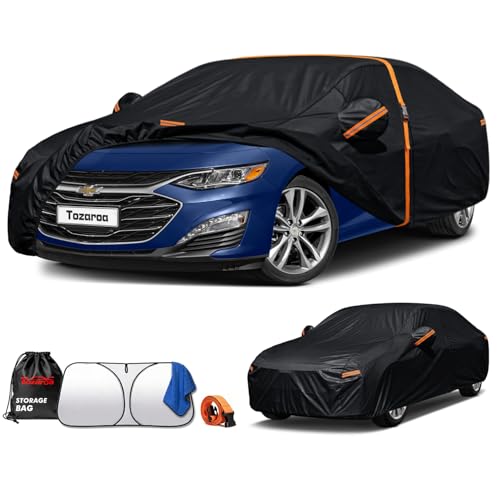 Tozaroa Chevrolet Malibu Sedan Cover (1997-2025) Waterproof All-Weather,Outdoor Heavy Duty UV-Resistant Full Car Covers with Windshield Sun Shade&Storage Bag,Driver Door Zipper (Includes a Towel)