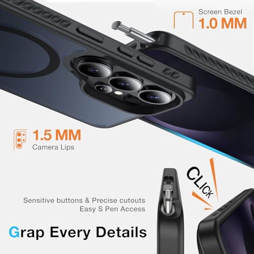Image of Elzzi Magnetic Magsafe for Samsung Galaxy S26 Ultra Ultra Case [Compatible with MagSafe][Full Camera Protection][Built-in Invisible Kickstand] Translucent Matte Phone Back Cover - Black