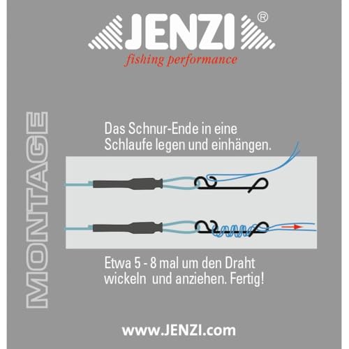 Foto von Set: 4 Stück x 1x7 Stahlvorfach mit Wirbel und knotenlos Verbinder von Jenzi, 5, 7, 9, 12 & 15 Kg, Länge 50 cm + Petri Heil! Aufkleber (9 kg)