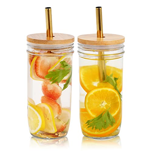 Vikeyhome Bubble Tea Cups 2 Pack 24 Oz, Reusable Wide Mason Mouth Smoothie Cups, Iced Coffee Cups With Bamboo Lids And Gold Straws Mason Jar Drinking Glasses Cups, Travel Glass Drinking Bottle #TOP18