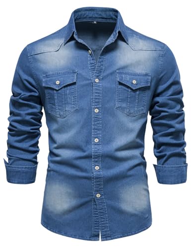 Kissonic Men's Denim Shirt Long Sleeve Button Down Shirt Lapel Jean Shirt Slim Fit Washed Denim Shirts with Chest Pockets(Blue-M)