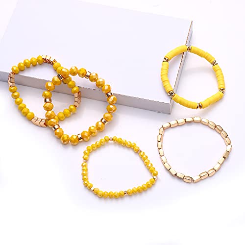 ANGLESJELL Beaded Stretch Bracelets for Women Multilayered Colorful Crystal Heishi Bead Bracelets Boho Stackable Strand Bracelet Set Summer Beach Surfer Bracelet Gifts 5