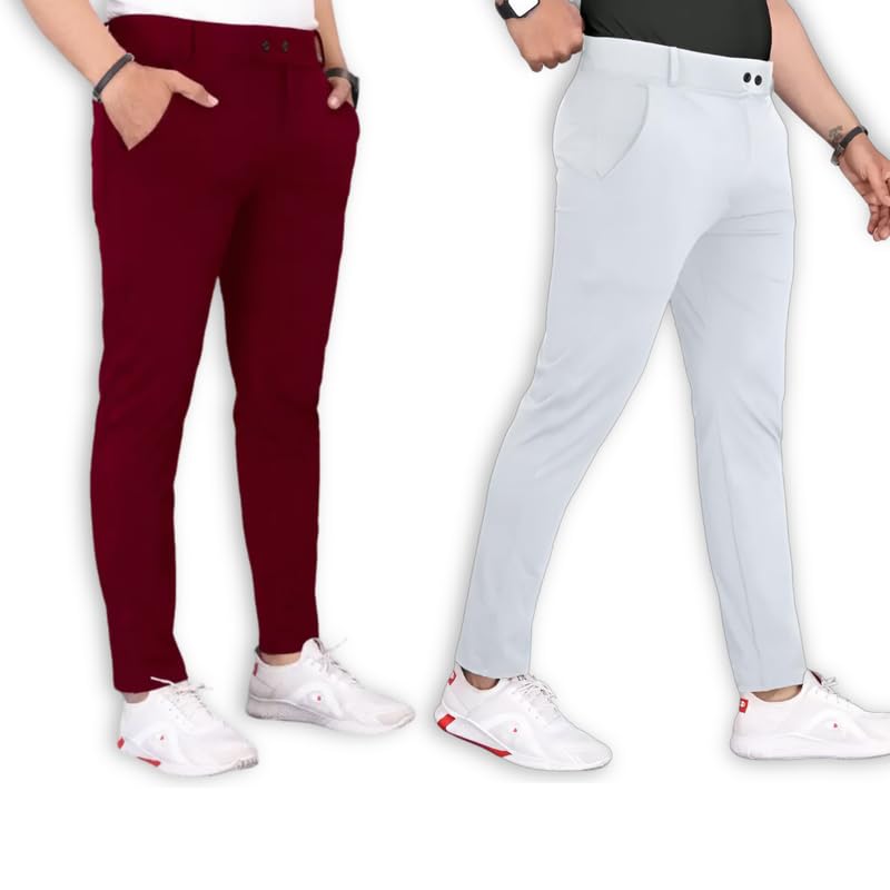 Image of Men's Stylish Slim Fit Lycra Blend Trousers - Pack of 2 (Combo) Formal Pants for Men | Stretchable Regular Office Formal Wear | Comfortable Solid Casual, Business, and Work Trousers for Men