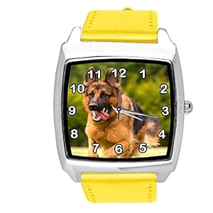 TAPORT® Quartz Watch Yellow Leather Band Square with German Shepherd