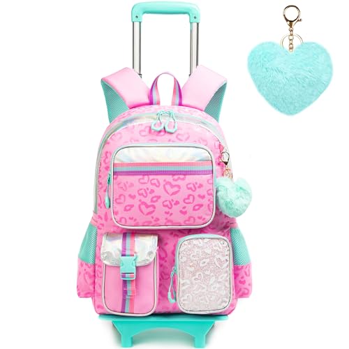 Meetbelify Mochila com rodas para meninas, linda mochila de mão para estudantes do ensino fundamental, Rosa