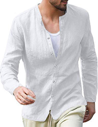 Pacinoble Mens Long Sleeve Henley Shirts Casual Linen Button Down Standard Fit Fishing Tees Spread Collar Plain Shirts White