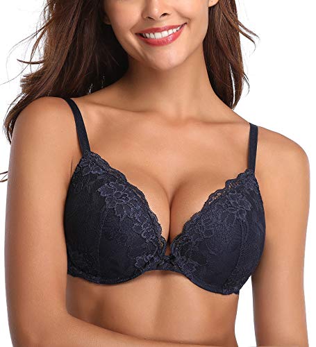 Deyllo Women’s Push Up Bra Lace Underwire Bra Plunge Comfort Lightly Padded(Blue,38DDD) - Image 2