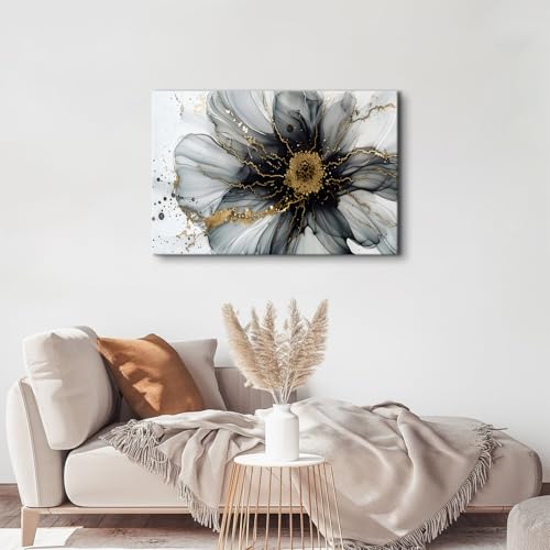 Image of Black and White Flowers Abstract Wall Art Black and Gold Wall Decor Nordic Marble Texture Pictures for Living Room Modern Watercolor Minimalist Paintings Posters Artwork Bedroom Home Decoration 24x36 inch