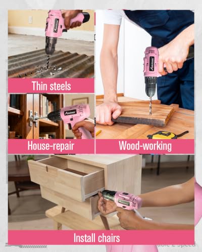 Image of AVID POWER 12V Cordless Pink Drill Set, Power Driver with 21 Bits for Women | 3 /8 inch Keyless Chuck, 25+1 Torque, 2 Speed Setting Max 1400 RPM, Rechargeable Battery & Charger, for Light-duty Household Use