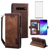 Asuwish Phone Case for Samsung Galaxy S10 5G Wallet Cell Cover with Tempered Glass Screen Protector Lanyard Flip Credit Card Holder Slot Stand S105G S 10 G5 Women Men Rugged Wrist Strap Folio Brown