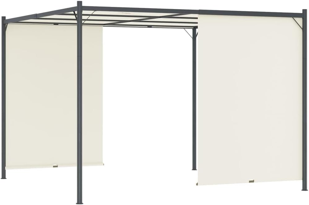 Pergola with one side of the adjustable canopy lowered