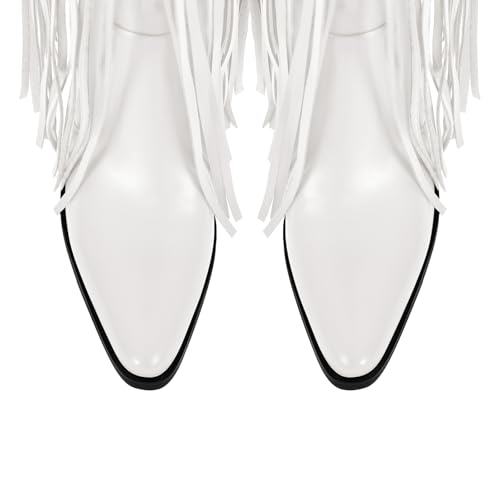 Image of richealnini Western Thigh High Cowboy Boots with Fringe Over Knee Wide Calf Cowgirl Boots