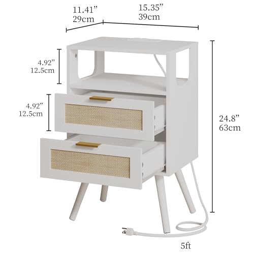 Image of JOONEE Rattan Nightstand with Charging Station,Farmhouse Bedside Table with 2 Storage Drawer and Open Wood Shelf, for Bedroom and Small Spaces,Night Stand with Solid Wood Legs (White-Outlet)