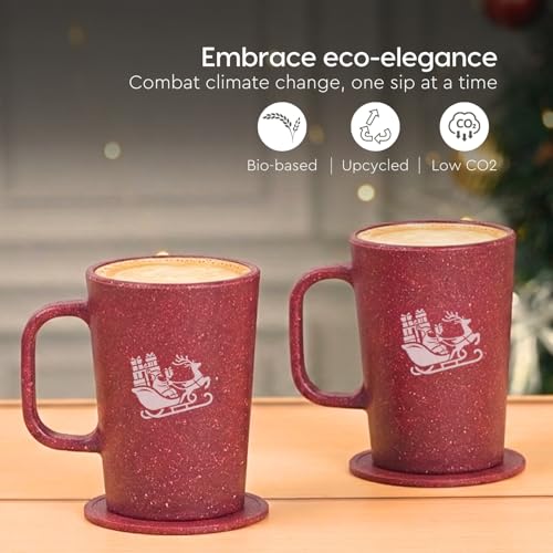 Image of Eha Earth-Friendly Christmas Gifts for Friends and Family | Secret Santa Gifts | Made with Rice Husk | Printed Christmas Mug and Coasters Set of 2, Keychain & a Loopac Box | 350 ml | Coral