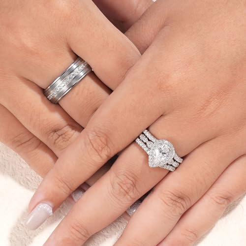 Newshe Jewellery TRX058_9+BR1331_7 Wedding Ring Sets For Him And Her Aaaaa Cz Promise Rings For Couples Women Mens Band Pear Shape Size 9&7 thumb #8