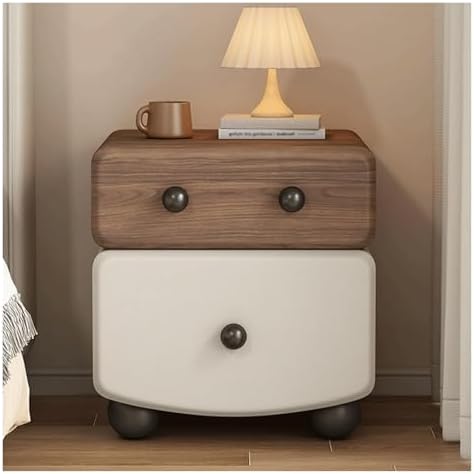 Stylish Bedside Table with 2 Drawers, Leather & Wood Nightstand, Compact Storage Cabinet for Living Room, Lightweight Design (White & Brown, 40cm)