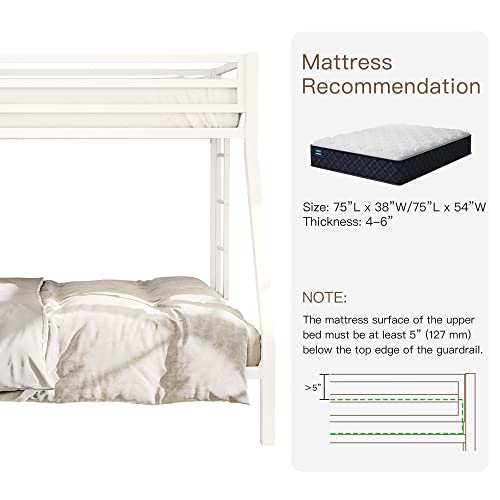 ikalido Metal Bunk Bed For Junior, Twin Over Full Size Beds With Sturdy Guard Rail & Removable Ladder, Space-Saving/Noise Free/Matte White - Image 5