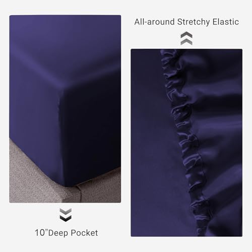 Image of Soft and Silk Satin Fitted Bedsheet for Queen Size 60X78 +12 in - Elastic Fitted Sheet 400 TC Hotel Collection for Bedroom | Fitted Sheet with Pillow Cover - Navy Blue,