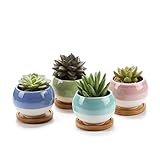 T4U 3 Inch Succulent Planters Pots Ceramic, Ball Shape Drainage Cactus Pots Window Boxes with Bamboo Tray, Set of 4