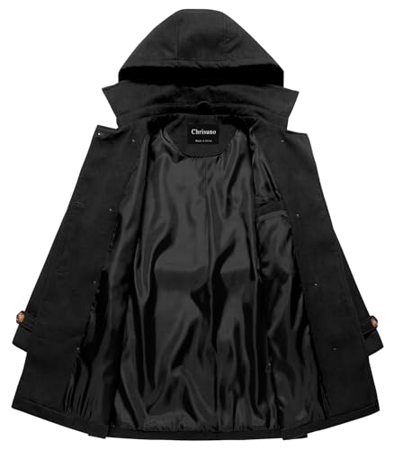 Chrisuno Women's Double Breasted Pea Coat Hooded Long Winter Trench Coat3