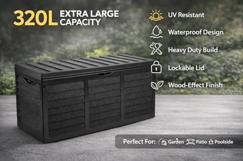 Divona Storage Box 320L – Waterproof & UV Resistant Deck Box with Lockable Lid – Heavy Duty Garden & Balcony Storage Chest for Cushions, Pool & Patio – Easy Assembly – Sand & Heat Resistant
