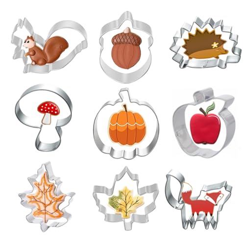 WUSJCOF 9 Piezas Moldes de Galletas de Otoño Set Acero Inoxidable Moldes de Galletas Calabaza Hoja para Niños para Hornear en Halloween Thanksgiving
