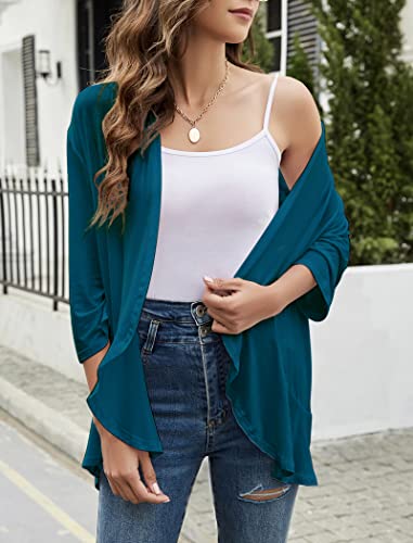 Image of Yekaty Women Cardigan 3 /4 Sleeves Open Front Lightweight Cardigan Draped Ruffles Knit Cardigan