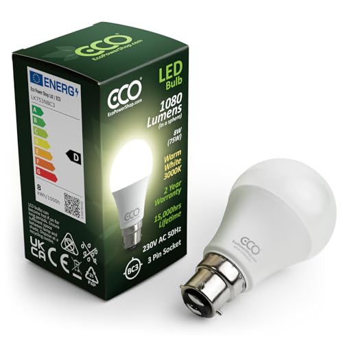 ECO 3 Pin BC3, 8W Energy Saving LED Light Bulb, 75W Equivalent, Warm White 3000K, Non-Dimmable, 15,000hrs Lifetime.
