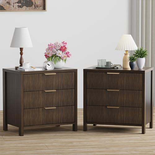 Image of Fluted Nightstands Set of 2, 23.7'' Wide Night Stand with 3 Drawers, Mid-Century Modern Bedside Table with Handles, Wood End Table for Bedroom, Brown