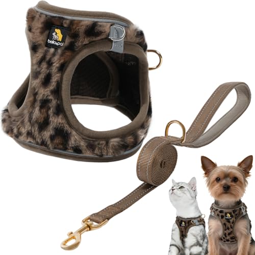 BELLA & PAL Hundegeschirr Kleine Hunde mit Leine, Step-in-Geschirr aus Langflorplüsch, Wärme | Anti-Zug| reflektierend Welpengeschirr, Brustgeschirr für kleine Hunde, Katzengeschirr, Braun Leopard, XS