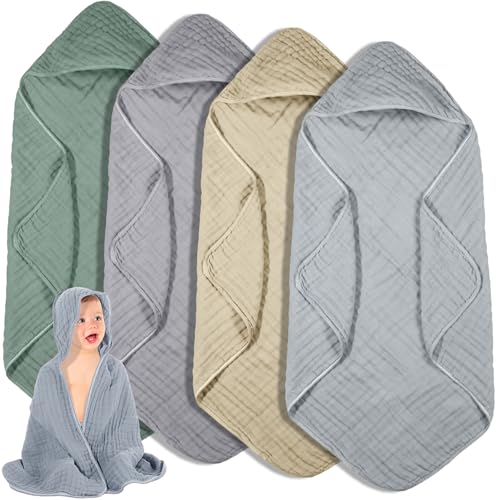 Image of Peryiter 4 Pcs Muslin Hooded Baby Towels, 32 inchx 32 inch Cotton Newborn Bath Towel Muslin Infant Baby Blankets Absorbent Unisex Newborn Registry Gift Essentials for Girls Boys (Green,Gray,Brown,Blue)